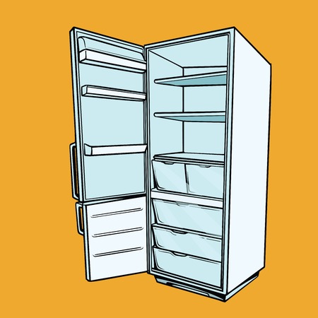 Open empty refrigerator. Comic cartoon style pop art retro vector color drawing illustrationの写真素材