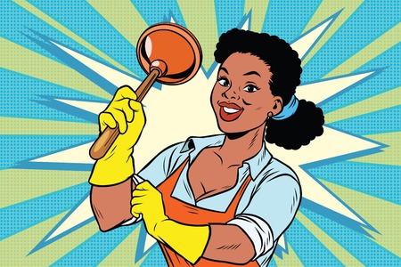 Cleaner with a plunger. African American people. Comic cartoon style pop art retro color picture illustrationのイラスト素材