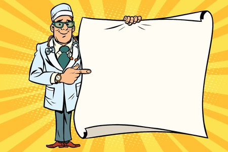 Happy doctor with glasses and copy space background. Comic cartoon style pop art retro vector illustrationのイラスト素材