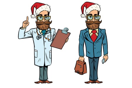 Hipster Christmas doctor and businessman. Comic cartoon style pop art retro vector illustrationのイラスト素材