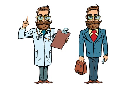Hipster doctor and businessman. Comic cartoon style pop art retro vector illustrationのイラスト素材