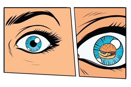 Comic storyboard hungry woman and Burger. cartoon style pop art retro vector illustrationのイラスト素材