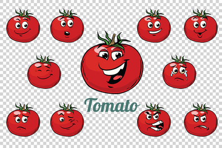 Tomato emotions characters collection set. Isolated neutral background. Retro comic book style cartoon pop art vector illustration.のイラスト素材