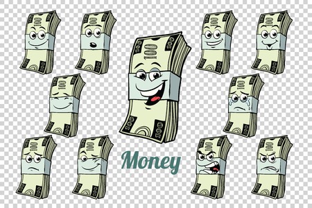one hundred dollars cash packing emotions characters collection set. Isolated neutral background. Retro comic book style cartoon pop art vector illustrationの写真素材
