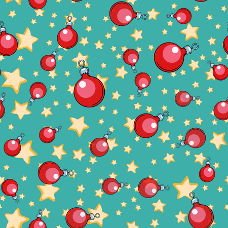 Seamless pattern Christmas ball tree ornament. Comic book cartoon pop art retro vector illustration drawingのイラスト素材