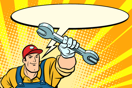 Male repairman with a wrench says comic book bubble. Comic book cartoon pop art retro vector illustration drawingの写真素材