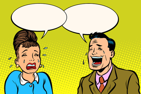 Couple man and woman, he laughs she cries. Comic book cartoon pop art retro vector illustration drawingのイラスト素材