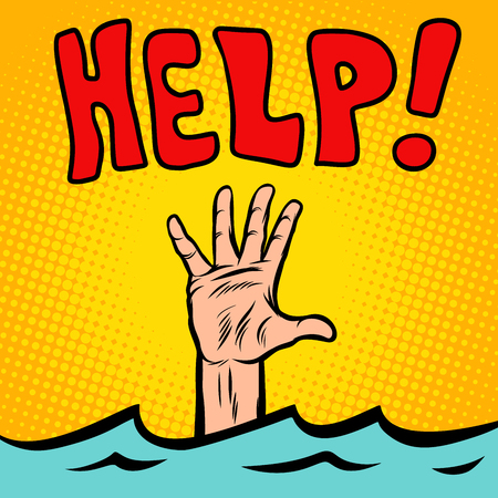 Hand sinking help. Comic cartoon pop art retro vector illustration drawingのイラスト素材