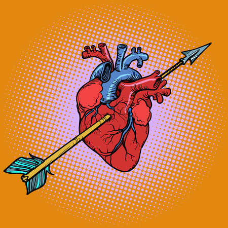 real heart with Cupid arrow. Comic cartoon pop art retro vector drawingのイラスト素材