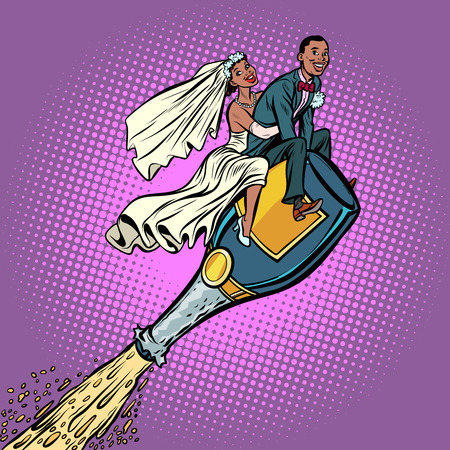 Bride and groom wedding. African American couple. Flying on a bottle of champagne. Comic cartoon pop art retro vector illustrationのイラスト素材