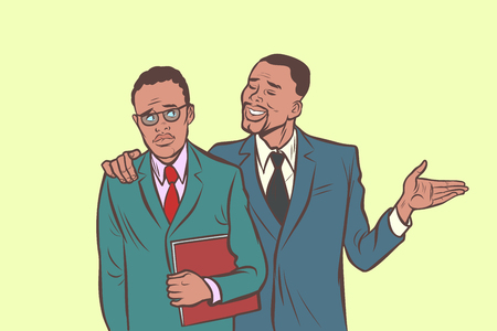 African businessman comforts supports sympathetic feels other sad. Comic cartoon pop art retro vector illustration drawingのイラスト素材