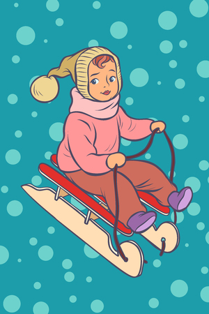 child on a sled. winter holiday. Comic cartoon pop art retro vector illustration drawingのイラスト素材