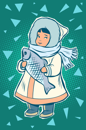 northern native child with fish, national costume. Chukchi Inuit Eskimo. Comic cartoon pop art retro vector illustration drawingのイラスト素材