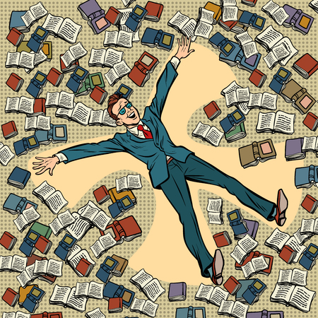 a man makes a snow angel in the books. Comic cartoon pop art retro vector illustration drawingのイラスト素材
