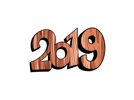 2019 happy new year wooden isolate on white background. Comic cartoon pop art retro vector illustration drawingのイラスト素材