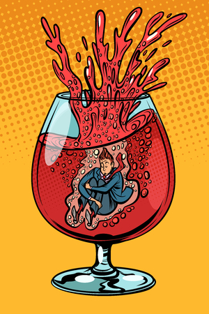 drunkard wine, man in a glass of alcohol. Comic cartoon pop art retro vector illustration drawingのイラスト素材