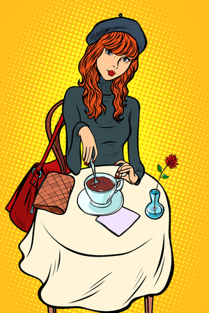 Red haired girl in a cafe. Comic cartoon pop art retro vector illustration drawingのイラスト素材
