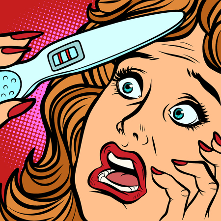 pregnancy test two strips woman fear face. Comic cartoon pop art retro vector illustration hand drawingのイラスト素材