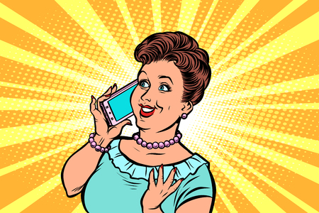 middle-aged woman talking on the phone. Comic cartoon pop art retro vector illustration hand drawingのイラスト素材