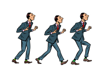 businessman walks, gait character phase. Comic cartoon pop art retro vector illustration drawingのイラスト素材