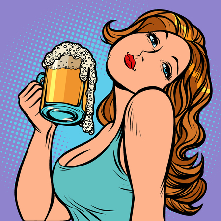 Woman with a mug of beer in profile. Oktoberfest Pub or bar. Comic cartoon pop art retro vector illustration drawingのイラスト素材
