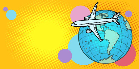 plane flies over globe America passenger aviationのイラスト素材