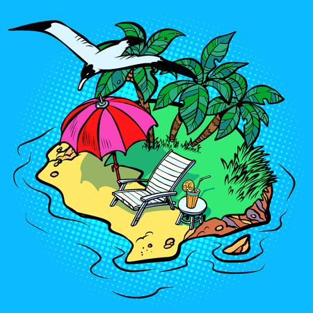 tropical island tourist resort beach chaise longue, bird Seagullのイラスト素材