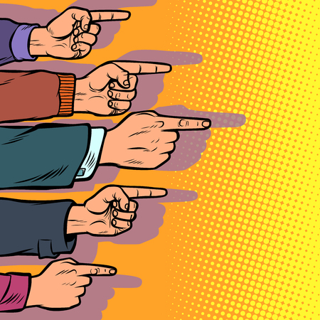 many hands point the finger. Comic cartoon pop art illustration vintage vector drawingのイラスト素材