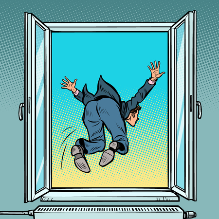 Bankruptcy and financial crisis. Suicide businessman jumps out the windowのイラスト素材