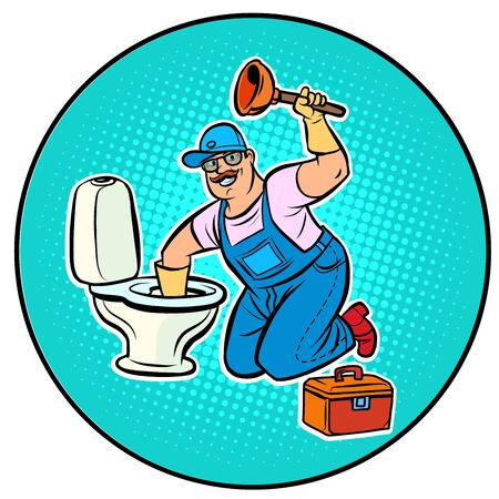 plumber cleans the toilet. Pop art retro vector illustration drawingのイラスト素材