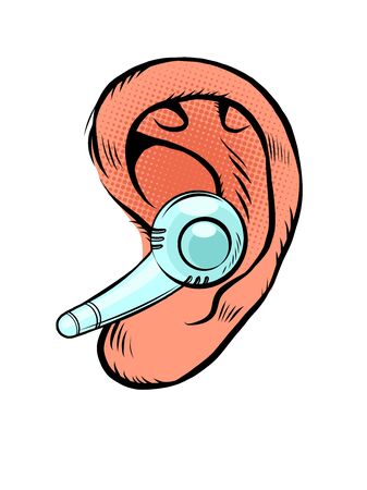 ear with wireless earbud. Comic caricature por art retro vector illustrationのイラスト素材