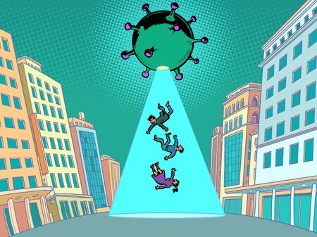 coronavirus epidemic as an alien invasion, an attack on humans. Comics caricature pop art retro illustration drawingのイラスト素材