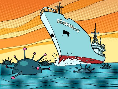 Economic crisis due to the covid19 coronavirus pandemic. The ship sails on viruses mines. Comics caricature pop art retro illustration drawingのイラスト素材