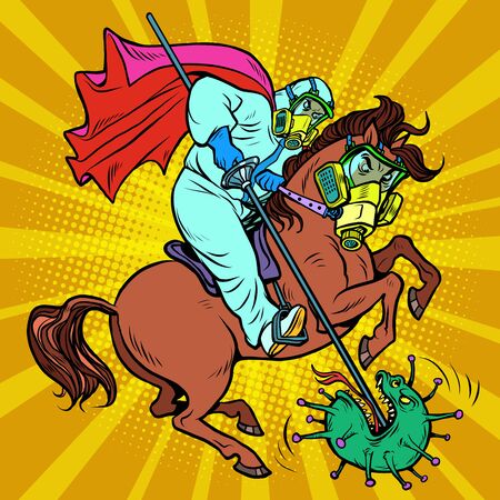Horseman doctor defeats coronavirus, St. George emblem. Comics caricature pop art retro illustration drawingのイラスト素材