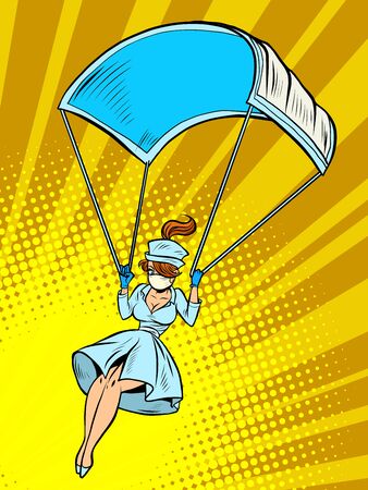 super hero nurse goes down on a parachute like a medical mask. Comics caricature pop art retro illustration drawingのイラスト素材
