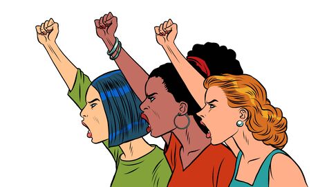 African Asian Caucasian women protest. Comics caricature pop art retro illustration drawingのイラスト素材