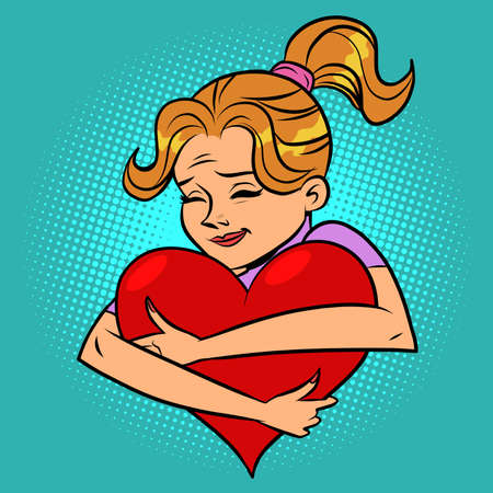 Girl in love hugs red heartのイラスト素材