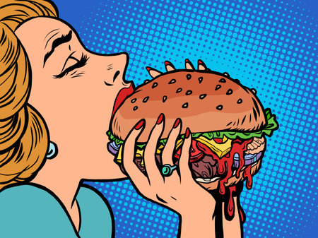 a woman eats a burger, lunchのイラスト素材