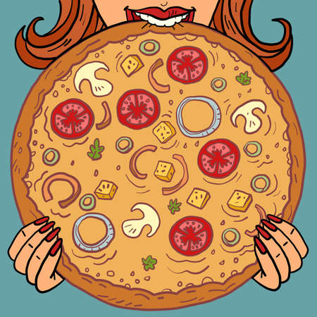 a woman eats. pizza mushrooms tomatoes. restaurant food deliveryのイラスト素材