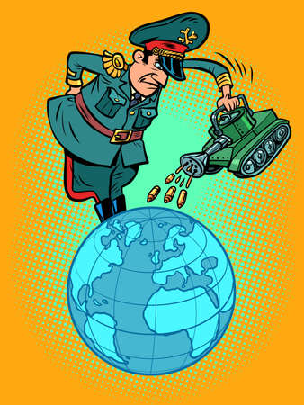 the militarist general is watering the planet Earth with war, weapons and shells from the tank are pouring like waterのイラスト素材