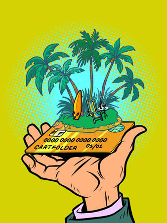 tropical island with an umbrella and a sun lounger, credit or debit bank cardのイラスト素材