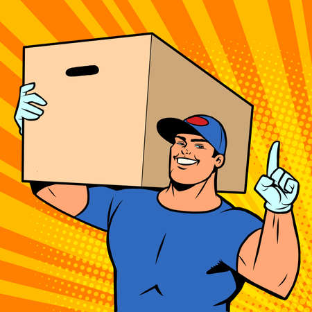 Strong man courier delivery in a box. Online store serviceのイラスト素材