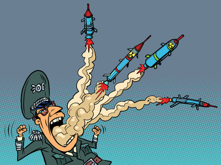 The military militarist has rockets flying out of his mouth. The danger of warのイラスト素材