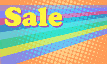 Sale 80s retro background. Bright multicolored stripes and an inscription about discountsのイラスト素材