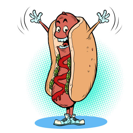 happy joyful positive hot dog fast food funny mascot character, restaurants and street foodのイラスト素材