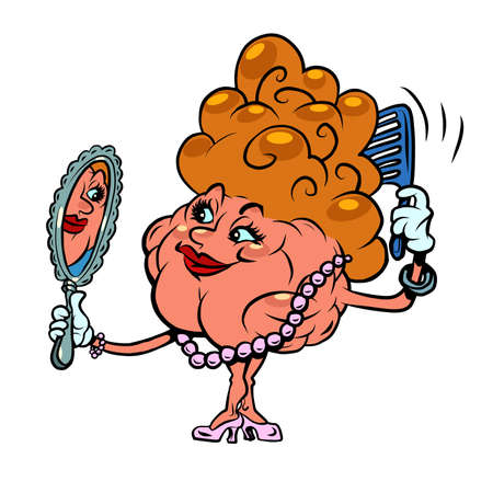 a woman combs her hair with a comb human brain character, smart wiseのイラスト素材