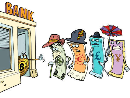 Cryptocurrency versus cash. Bitcoin does not let the dollar, yen, pound and euro into the bankのイラスト素材