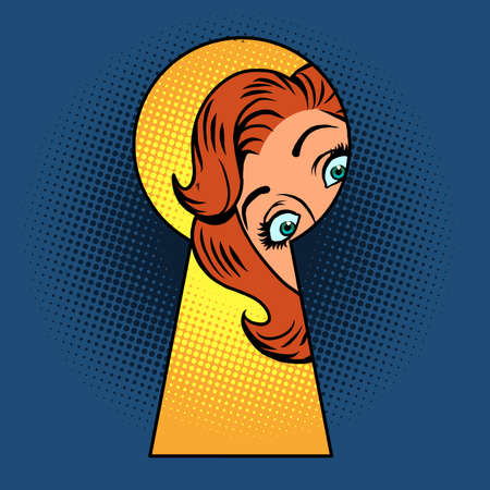 A surprised woman peeping through the keyhole, a curious neighborのイラスト素材