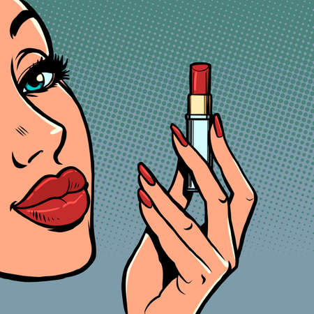 a woman paints her lips with red lipstick, makeup cosmeticsのイラスト素材