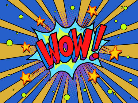 Comic lettering wow hand drawing retro vintage. Vector bright cartoon illustration in retro pop art styleのイラスト素材